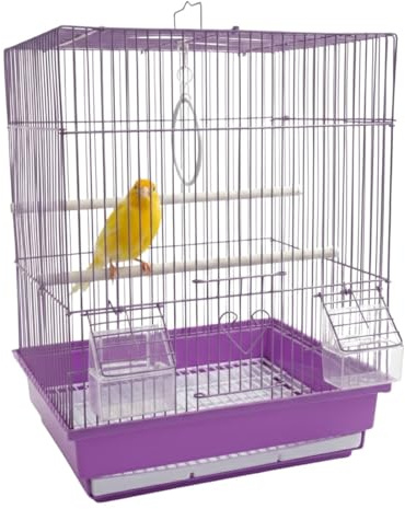 MOLY Jaula Lila Pajaros Desmontable 46 x 28 x 35 | Pajarera Grande con Bandeja Extraíble | Incluye 2 Palos, 2 Comederos y Columpio | Ideal para Canarios, Periquitos y Aves Medianas | Fácil Limpieza