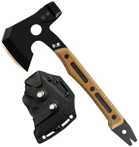 HX OUTDOORS Multifunktionale Axt, Volltang Überleben Camping Taktische Axt Beil, Titanbeschichtete Klinge G10 Griff Camp Bushcraft Handbeil mit Hammer und Nagelzieher (Braun)