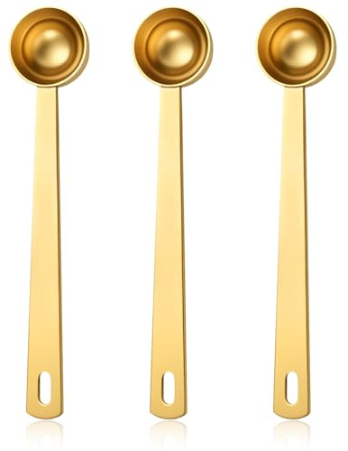 Cobee 3 Pcs 5ml Measuring Spoons, Stainless Steel Gold Coffee Scoop with Long Handle Tablespoon Measure for Milk Tea Sugar Flour Baking Supplies