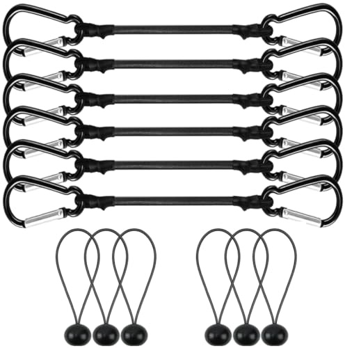 Bungee Cords with Carabiner Clips, 12-Piece Set Black Outdoor Elastic Ropes, 30cm Bungee Cords with Hooks, Short Bungee Cords with Hooks for Bike Racks, Roof Racks, Luggage, Camping