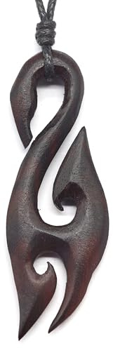 Drachensilber Maori Symbol Holz Kettenanhänger mit längenverstellbarem Baumwollband – 100% Handarbeit Anhänger Kette Holzschmuck – Ethno Schmuck Damen Herren