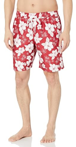 Amazon Essentials Herr Badshorts med Nätinnerbyxa, 23cm Benlängd med Fickor och Dragsko, Röd hibiskusblomma, L