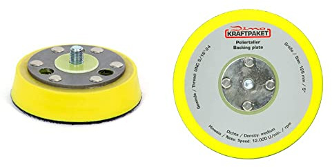 Dino KRAFTPAKET 640345 75 mm-5/16-24 Trägerplatte (7,5 cm), gelb, 75mm (3 Inch) & 640259 125mm-Stützteller-5/16-24 mit Klett Polierteller für Exzenter Poliermaschine 600W-8mm, 650W-9mm Hub, Gelb