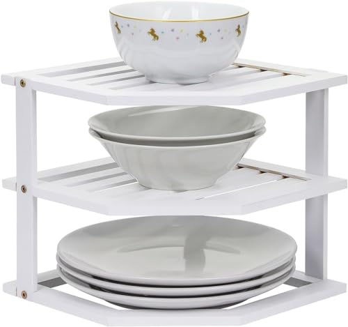 Greenfields 3 Tier Corner Shelf Cabinet Organiser - Plate Rack Countertop for Kitchen, Bathroom, Cupboard, Pantries - Shelf Insert Storage Organisation - Plate Organiser (White)