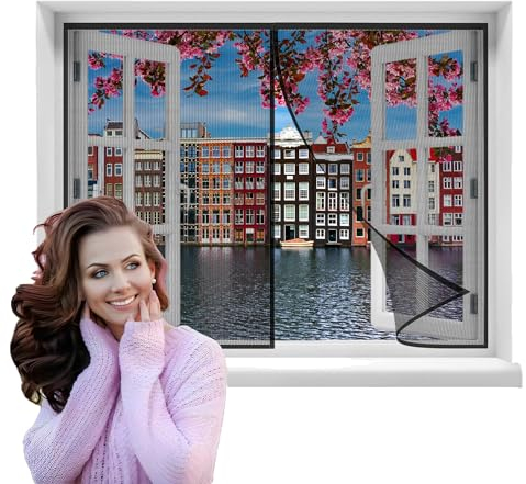 Magnet Fliegengitter Fenster, 150x65cmFliegengitter Insektenschutz Fenster,BalkonFenster mit Magnetband - Fliegengitter ohne Bohren - Insektenschutz Fenster,Vorhang (Schwarz)