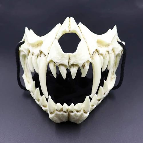 Claofoc Japanische Maske Halloween Tiger Maske Ye Dragon God Schwarze Knochen Harz Totenkopf Gruselige Horror Ninja Cosplay Kostüm Requisiten für Erwachsene (2-teiliges Set B)