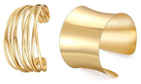 Generisch Manschettenarmbänder für Damen, 2 Stück Offen Breite Verstellbare Gold Armreife für Frauen Mädchen (Set 3)