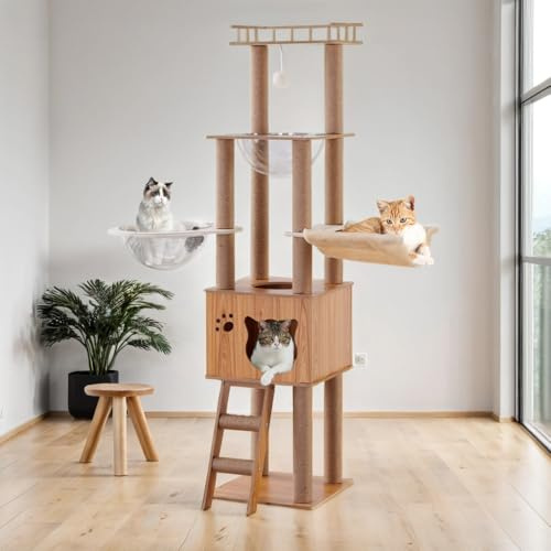 Mekidulu 155 cm großer Kratzbaum, mit 1 Hängematte, Haus, 2 transparente Raumkapseln, 1 baumelnder Ball, 1 Sprungplattform, Kratzbaum für Indoor-Katzen (Holzfarbe)