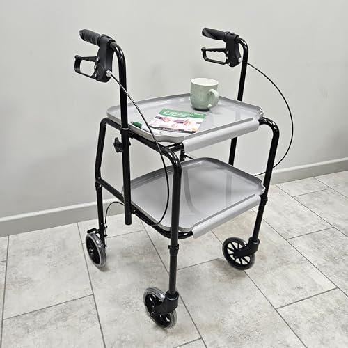 Indoor Mobility Trolley rollator Walking Frame with Trays and Brakes 4 Wheel Walker (Black/Grey)