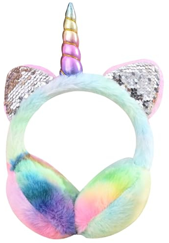 IHCEMIH Ear Muffs Girls Women Earmuffs Fluffy Plush Adjustable Unicorn Sequins Earmuff Winter Accessories Ear Warmers Running Skiing Ears Covers Protectors from Wind Cold Outdoor Gift for Children A.