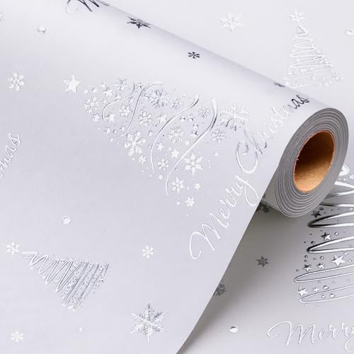 Wikadlik Weißes Geschenkpapier, geprägter silberner Weihnachtsbaum, niedliche Schneeflocke, Geschenkpapier, Mini-Rolle für Weihnachten, Winter, Feiertagsfeier – 43 cm x 10 m