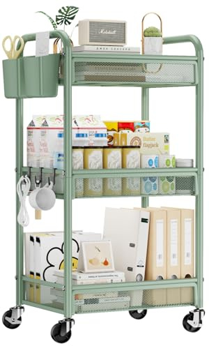 YASONIC 3 Tier Rolling Cart – Metal Utility Storage Carts with Wheels, Craft Carts Organizer with Hanging Cups, Hooks, Mesh Basket for Bedside Kitchen Office Art, Green