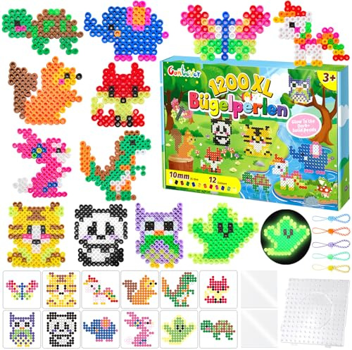 Große Bügelperlen 10mm, 1200 Stück XL Bügelperlen Set mit Leuchtend im Dunkeln Steckperlen, 12 Farben Maxi Steckperlen mit Platten, Muster and Bügelpapier, Kreatives Perlenset für Kinder ab 3 Jahren