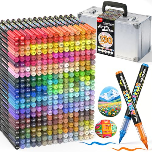 Lyuvie 330 Farben Acrylstifte für Steine WasserfestSet, Permanente Acrylic Paint Brush Marker Acrylstifte für Holz, Stein, Papier,Glas,Stoff, Kieselsteine, Kunststoff, Bastelbedarf