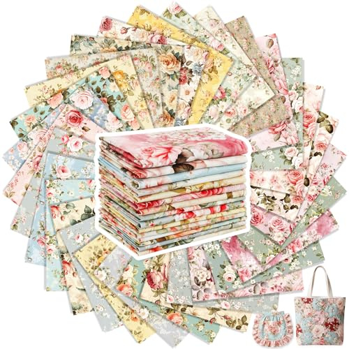 Tatuo 30 Piezas 25 x 25 cm Tela de Algodón Paquete Estampado Floral de Cuadrados Telas de Acolchado Costura Patchwork de Algodón con Estampado Variado para DIY(Rosa Vintage)