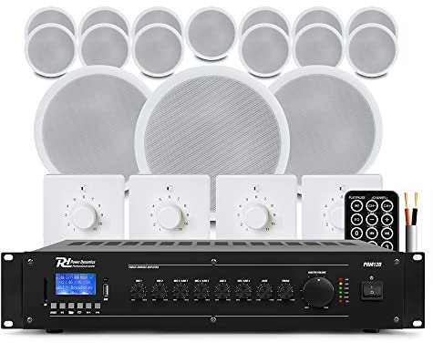 Power Dynamics CSPB5 5 Ceiling Speaker System – 16 Speakers, 100V Mixer Amplifier, Bluetooth, Multi-Zone Volume Control – Ideal for Shops, Offices & Restaurants