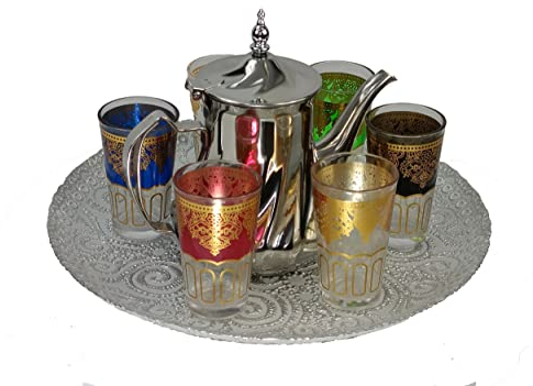 DONREGALOWEB Juego de té marroquí con Bandeja, Tetera, Vasos y Variados de tés