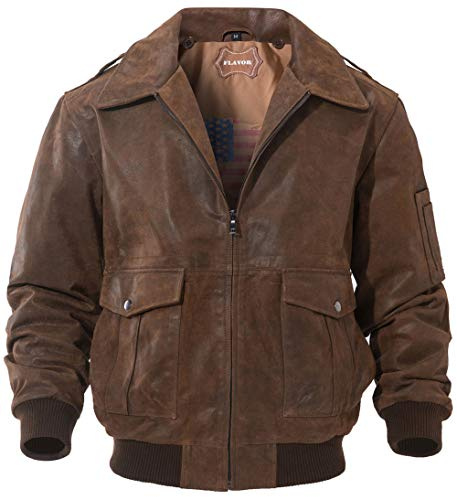 FLAVOR Men's Leather Flight Jacket Bomber Air Force Aviator. (Brown, Large)