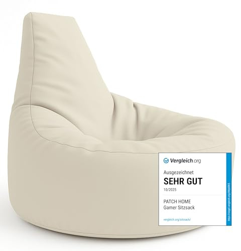 PATCH HOME Gamer Kissen & Lounge Sitzsack – befüllbar mit Reißverschluss, gefüllt mit Styropor, geeignet für In- & Outdoor. Perfekt als Gaming Sessel Sitzkissen (Creme - Ø 80cm x Höhe 90cm)