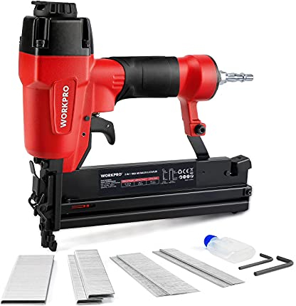 WORKPRO Air Brad Nailer Gun 50mm, 2-in-1 Nail Gun/Upholstery Stapler, Accepts 18G Nails 15-50mm & Type 90 Staples 16-40mm, Lightweight Aluminum Body, Come with 400pcs Nails and 300pcs Staples