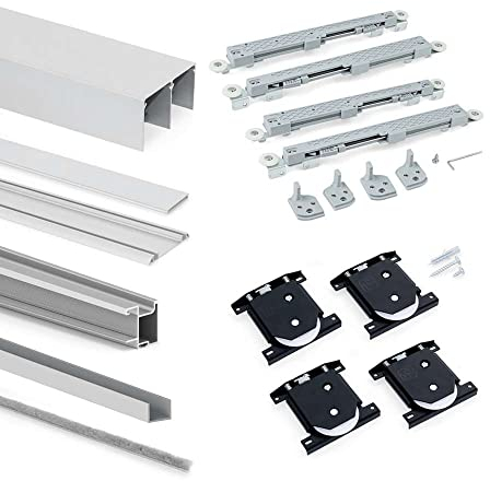 Emuca - Placard Sliding system for wardrobe, 2 sliding doors with Sharp profiles thickness 16 mm (0,63 inch), soft closing, boards not included, Matte anodized