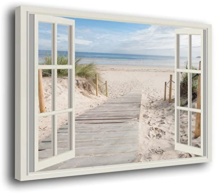 Genérico Cuadro Lienzo Canvas Pasarela Playa con Ventana Efecto 3D – Varias Medidas - Lienzo de Tela Bastidor Madera de 3 cm - Alta resolucion (120, 80)