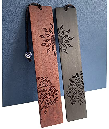 Lesezeichen aus Holz, einzigartiges Geschenk für Männer und Frauen, Lesezeichen, Zubehör (Sonne und Baum), 2 Stück