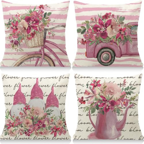 Cirzone Outdoor Kissen Dekorative Wasserfest 4 er Frühling Kissenbezug 45 x 45 cm Gartenkissen Wetterfest Atmungsaktiv GNOME Rosa LKW Kissenbezug Werden für Heim Sofak Garten