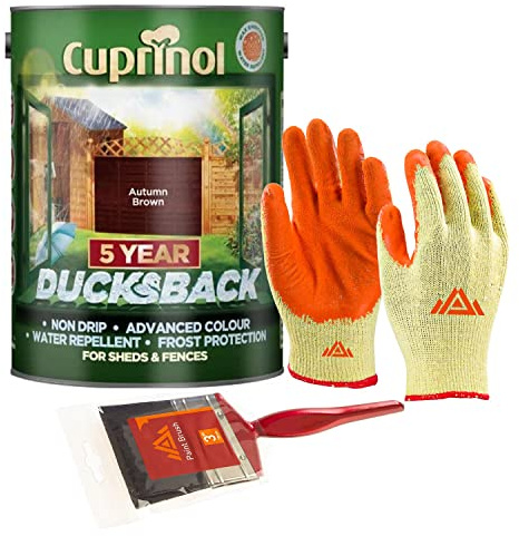 PERFECTONISH 5-Litres Shed and Fence Paint Exterior Wood | Non-Drip, Frost Defence and Water Repellent Protection for 5 Years With Paint Brush And Protective Gloves (Autumn Brown)