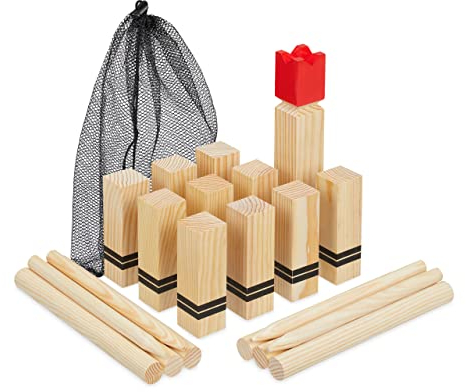 Relaxdays Wikinger Spiel, Outdoor Wurfspiel, Kinder & Erwachsene, Holz, Schwedenschach, 21 Spielfiguren, Beutel, Natur