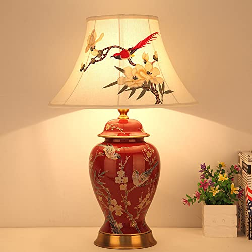 Mengjay Keramik Tischlampe Schlafzimmer Nachttisch Lichtdekoration Schreibtischleuchten,Leichter Körper Tuch Lampenschirm Schlafzimmer Wohnzimmer Tischlampe,Fensterbank lampe Leselampe (Rot)