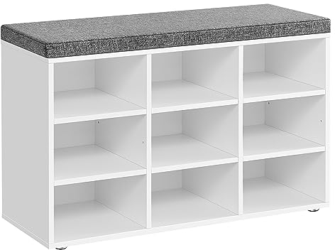 VASAGLE Banco Zapatero, Mueble Zapatero, Banco Recibidor con 9 Compartimentos y Asiento Acolchado, 30,3 x 78,5 x 48 cm, Entrada, Dormitorio, Sala de Estar, Blanco y Gris LHS009W14