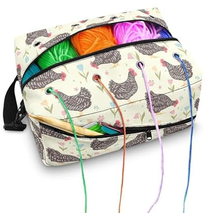 Kuiaobaty Farm Huhn Hen Bedruckte Garntasche Häkeltasche Stricktasche Land Hühner Blumen Wolltasche Garnhalter Nähen Aufbewahrungstasche Beige