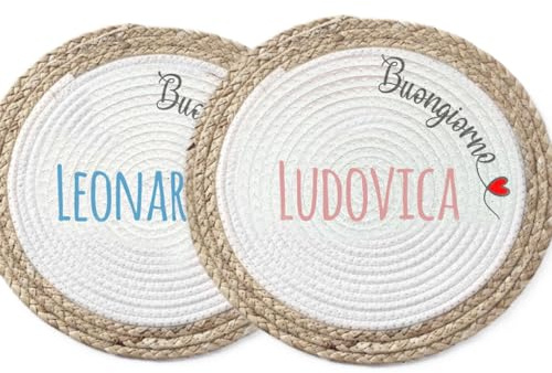 Coppia Tovagliette Alimentari in Vimini Personalizzata con Nomi e Buongiorno Idea Regalo SanValentino Anniversario Compleanno Natale Pasqua Sottopiatto Colazione Pranzo Cena Merenda Casa Ufficio