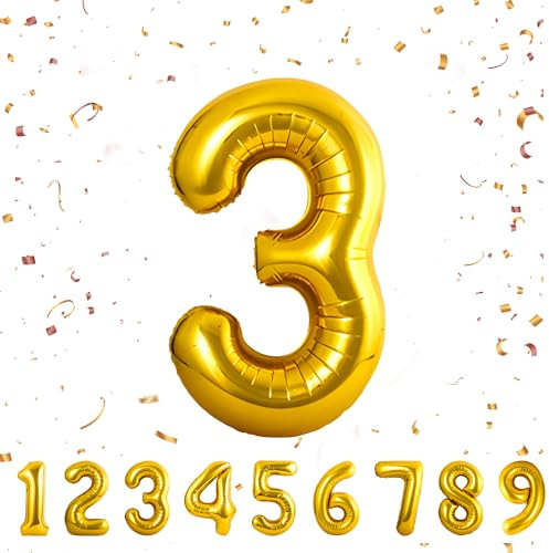 Geburtstag zahlen luftballon 3 jahre | Gold Folienballon 3 XXL -Riesen Folienballon in 40 - 101cm Geburtstagsdeko - Ballon Zahl Deko zum Geburtstag .Fliegt mit Helium