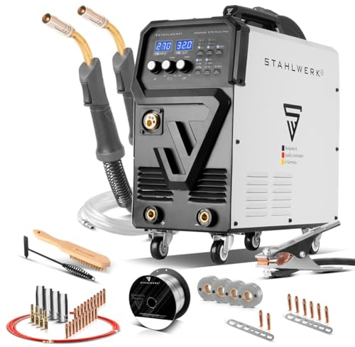 STAHLWERK Schutzgasschweißgerät 4-in-1 Kombi MIG 270 Puls Pro – Schweißgerät mit Pulsfunktion, Inverter bis 270 A, AK25/MB25 Alu-Schweißbrenner & Verschleißteile-Set für Aluminium-Schweißen