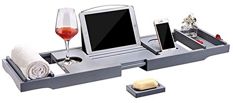 Bathtub Caddy Bath Tray - Extendable Book Rest Wine Glass Holder For Ultimate Home Spa Experience