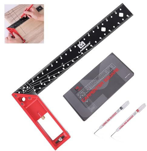 LARMEIL 12 Inch Framing Square Carpenter Square, Tri Square Tool, Try Square for Woodworking, T Square Ruler, L Square Ruler, Right Angle Ruler，Framing Tools, Anodized Ruler Body, Red & Black