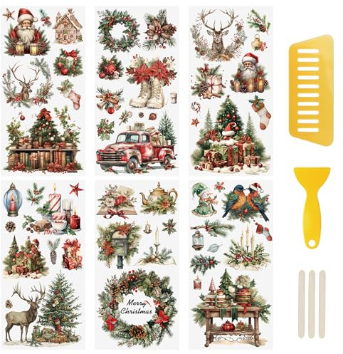 WANDIC 6 Blatt Rub on Sticker Weihnachten,Scrapbook Stickers Wasserfest Transferaufkleber Retro Weihnachten DIY Aufkleber für Tagebuch Becher Möbel Handwerk,15 x 30 cm