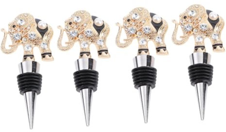 Amosfun 4pcs Decorative Wine Bottle Stoppers Unique Rhinestone Elephant Head Reusable Alloy Stoppers