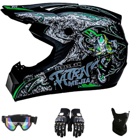 DriveNova Hjälm för motocross, MTB, fyrhjuling och motorcykel, integralhjälm med handskar, mask och glasögon, för vuxna och barn, DOT-certifierad