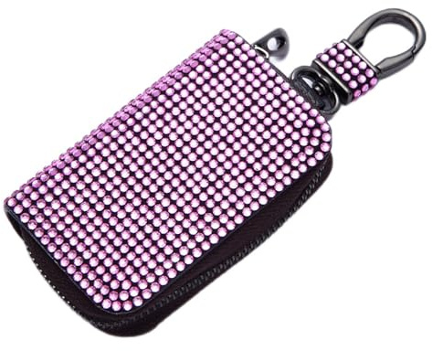Blausky Rhinestones llavero con cremallera, funda de piel sintética sin llave brillante cristal llavero estuche para llaves, funda protectora sin llave, funda protectora para llaves de coche, rosa