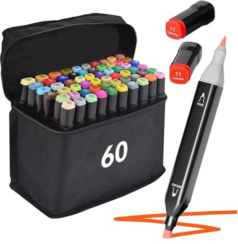 Set di pennarelli ad alcool - 48, 60, 80, 120, 168 colori - Penne artistiche bifacciali con punta fine e a scalpello per artisti e designer - Impermeabili, sfumabili e con pratica custodia per riporli