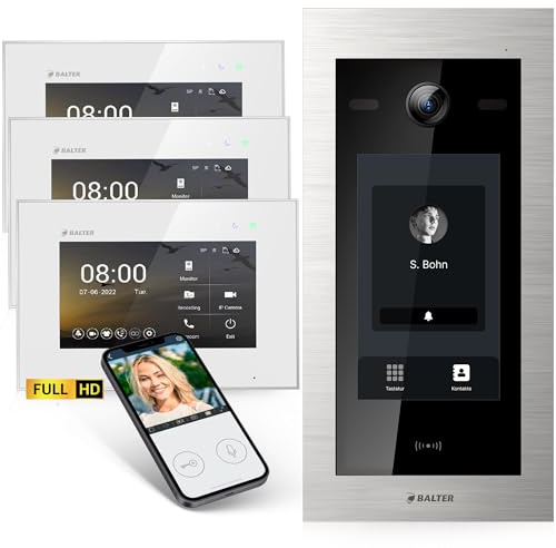 Balter EVO-HD Video Türsprechanlage mit Touchscreen Türstation, Video Türklingel, Smartphone App, 1 Familienhaus, 3X 7 Zoll Monitore, Türklingel mit Kamera Full HD, 2 Draht Bus, 175° Weitwinkel, RFID