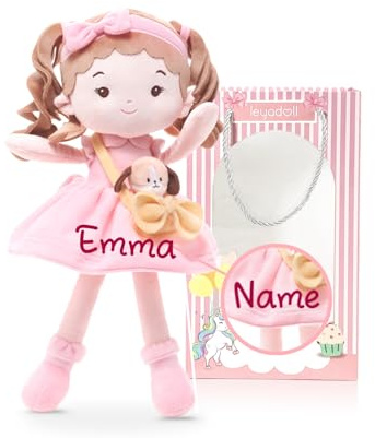 LeyaDoll personalisierbare Stoffpuppe 40 cm, Geschenk für 1‑jährige Mädchen | Rosa Geschenktüte inklusive, maschinenwaschbar, formstabil, bleibt weich, robust vernäht und für täglichen Spielspaß gemacht