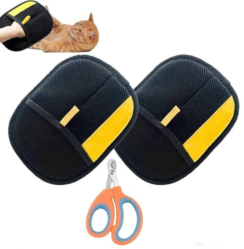 Electrostatic Pet Hair Remover Glove - Static Pet Hair Removal Glove for Furniture and Clothes, Reusable Cat Hair Remover Glove with Nail Clipper, Cat Grooming Glove (2Pcs)