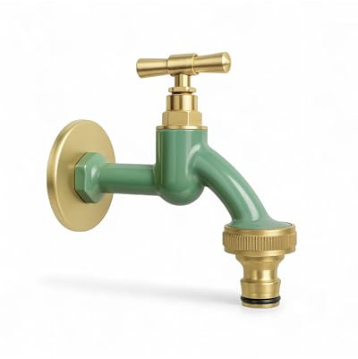 LIVLIG Robinet d'Eau Extérieure 1/2 Pouce avec Rosace et Raccord de Tuyau 1/2 Robinet d'Eau Froide en Laiton Robinet de Jardin Doré Design Jardin Vert Sauge