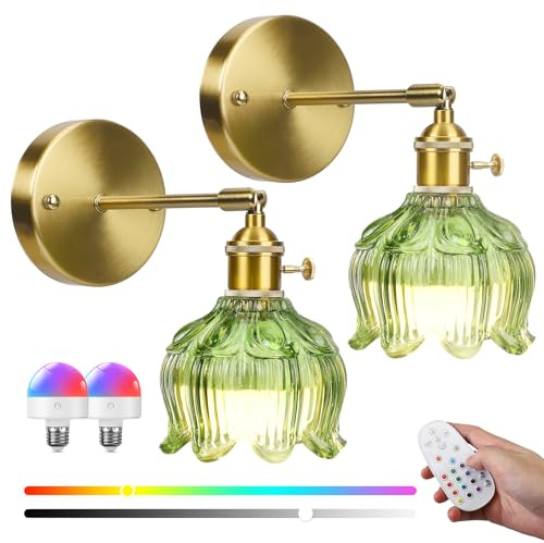 Makdly Vintage Rechargeable Wall Lights 2 Pack Battery Operated Wall Lamps with Dimmable Detachable Charging Bulbs and Remote, 3 Color Temperature&15RGB Wall Sconces for Living Room Bedroom Hallway