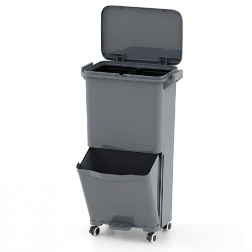 COSTWAY Poubelle Cuisine 36 L Plastique, Poubelle Tri Selectif 2 Bac, Poubelle Pédale Étroite 29 cm, Fermeture à Pression, Panneau de Séparation, Roues avec Frein, Crochet, Autocollant (36 L)