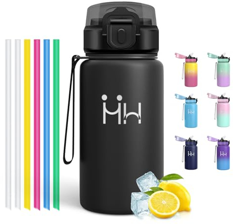 Motswedi Borraccia Termica 500 ml, con Cannuccia, Borraccia Acciaio Inox, per Bevande Calde e Freddo, Borracce Termiche, per Bici, Campeggio, Sport, Palestra, Nero